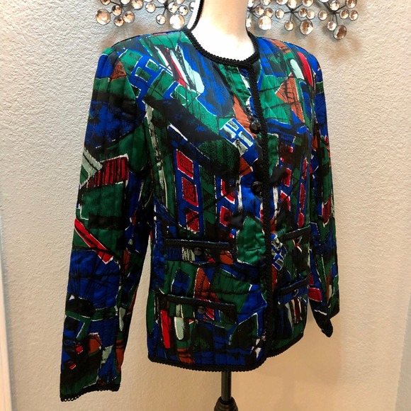 Howard‎ Wolf Jacket Women's 6 Black Green Colorful Bold Abstract Silky VNTG 80s - Picture 3 of 11